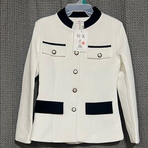 White Textured Blazer with Contrast black Collar